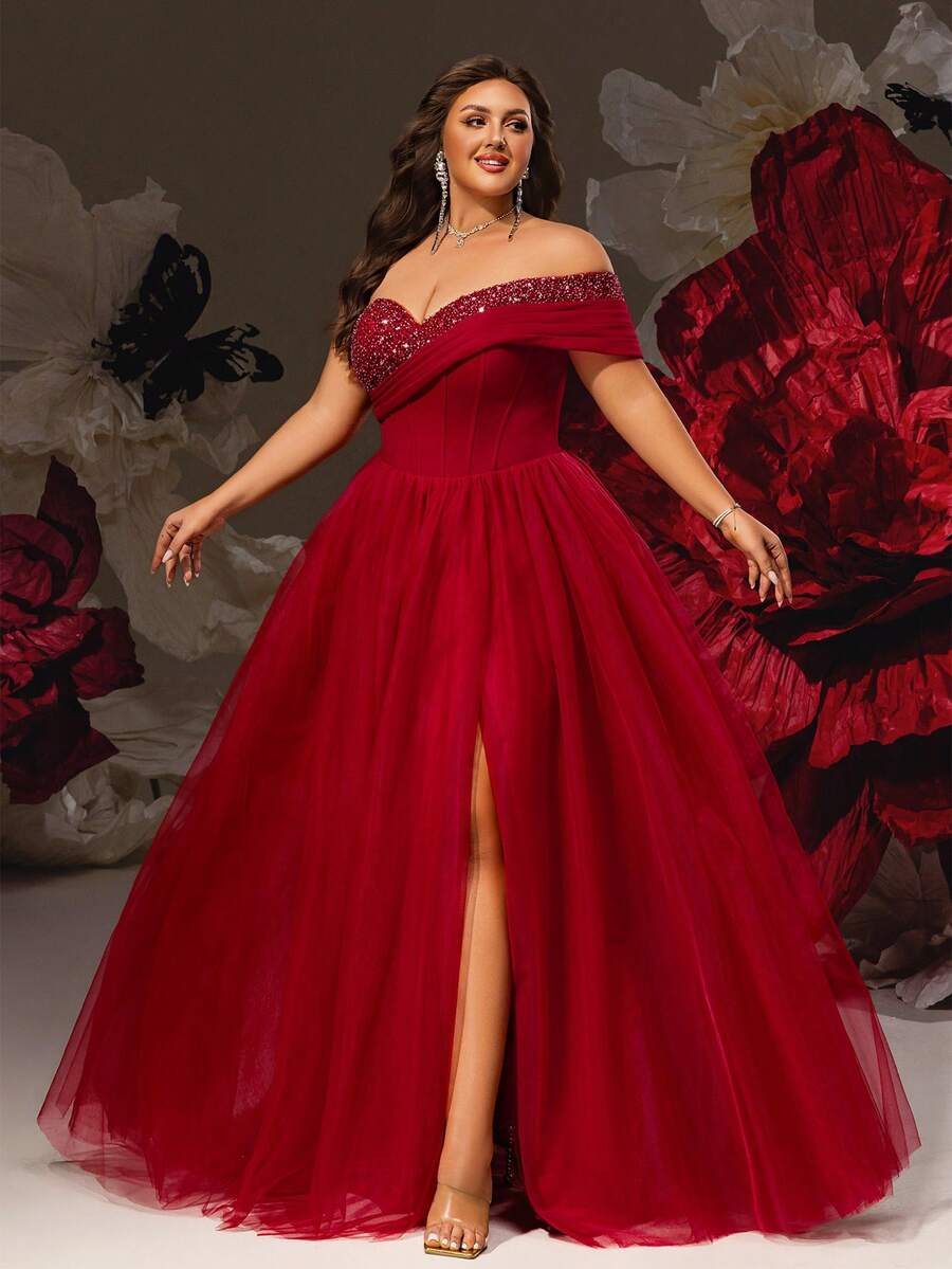 VIPGIRL 大码红色露肩亮片紧身薄纱高开衩礼服，A 字形长款舞会礼服，女士晚礼服，优雅派对礼服，适合曲线女性的迷人舞会礼服，适合特殊场合的长款连衣裙，婚礼宾客礼服 - 酒紅色 - 查看 1