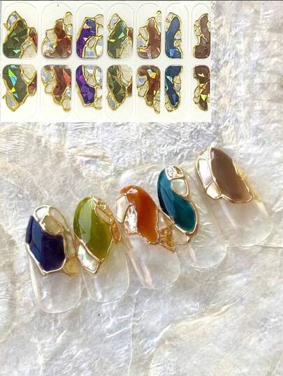 3D全息浪漫大理石纹理金色贝壳美甲贴纸，杏仁形，DIY花卉美甲装饰