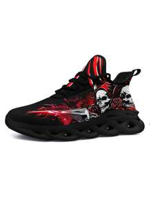 Zapatos de senderismo transpirables para hombres con impresión de calavera y espada, con ajuste ancho, suela con cuchilla, livianos, antideslizantes, amortiguación de impactos, aptos para uso casual