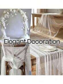 1 peça - Caminho de mesa com decoração de pérolas artificiais, Toalha de mesa de tule com pérolas brancas para casamento, Decoração de arco de casamento, Chá de panela, Decoração de festa, Serpentina de cadeira, Decoração de parede de fundo para eventos, Natal, Decoração de casamento, Tecido de malha de nylon, Novo tecido de malha oca com pérolas para o Dia dos Namorados - Branco - Ver 4