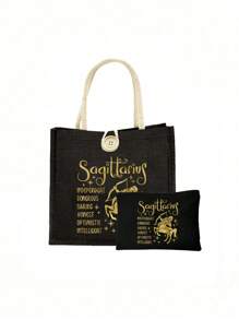 Geantă tote cu model de constelație aurie și geantă mică cu model de constelație, geantă tote neagră din in