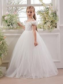 Tween Girl Floral Strap Tulle Party White Graduation Dress, Elegant Princess Gown Suitable For Girls Birthday Party, Prom, Wedding, Flower Girl Dress, Teenager Dress - White - View 6