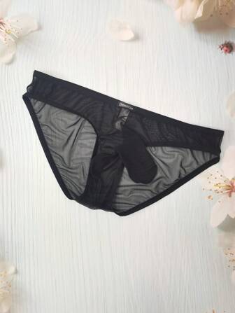 DomiGe 1pc Men's Sexy Black Elastic Mesh Low-Waist Cartoon Elephant Print Briefs
