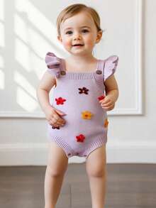 Baby Girls Spring Summer Knit Jumpsuits Flying Sleeve Flower Embroidery Overalls - Purple - View 4