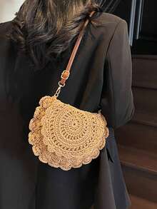 夏季草编时尚简约单肩/斜挎小包，2025新款沙滩包，编织包，毛线包 - 卡其色 - 查看 4