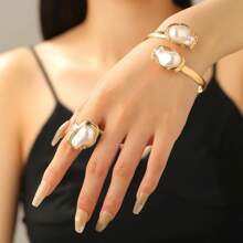 2pcs/Set Elegant Stainless Steel Smooth Water Drop, Starfish, Shell, Snake Geometric Multi-Element Bracelet And Ring Jewelry Set, Fashion Jewelry Gift For Women, Summer Beach
