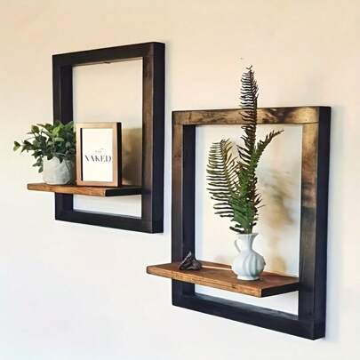 1PC Vintage Wooden Wall Shelf Set - Black & Brown Square Display Shelves With Hooks For Photos, Candles, Flowers, Albums, And Potted Plants - Ideal For Living Room And Office Decor - Wall Hanging Mounting