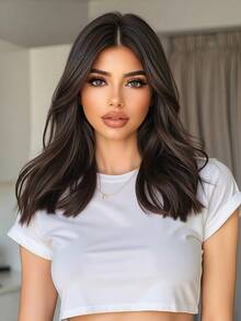 14英寸8字刘海齐肩卷发假发，黑棕色优雅合成耐热假发，音乐节女性礼物 - Black-brown - 查看 2