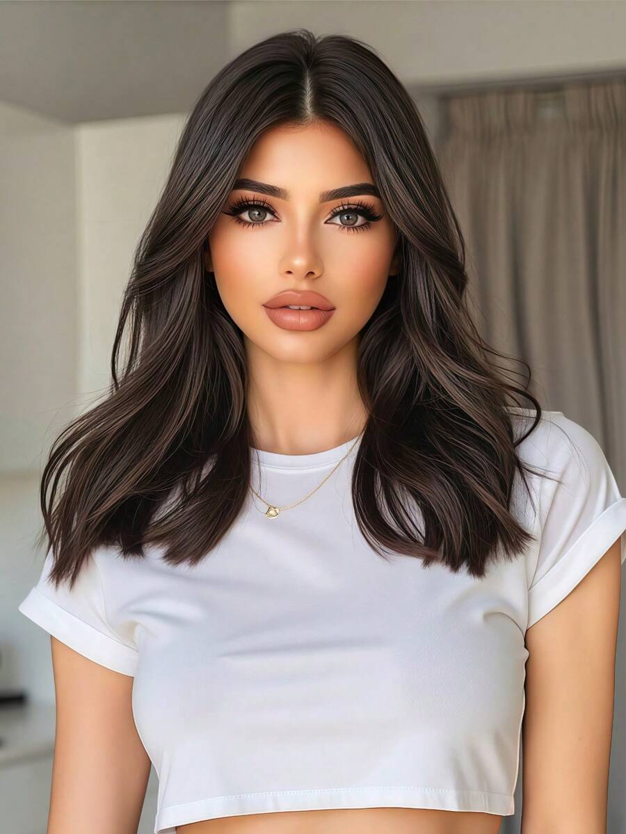 14英寸8字刘海齐肩卷发假发，黑棕色优雅合成耐热假发，音乐节女性礼物