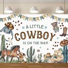 Fondo de ducha de vaquero adolescente con tema del Lejano Oeste, una pequeña fiesta de vaquero está en camino, fondo con tema de rancho, rodeo y vaquería, decoraciones de fiesta de cumpleaños de primer rodeo - Multicolor - Ver 3