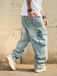 Vintage Washed Multi-Pocket Cargo Jeans For Men, Loose Wide Leg Baggy Distressed Long Pants, - 淺色水洗藍 - 查看 2