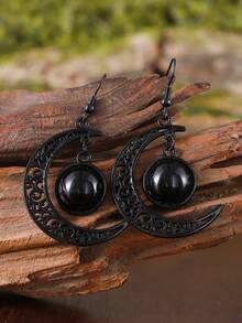 1 对哥特式黑色蝙蝠和新月形镂空吊坠耳环，优雅新月耳坠女士珠宝礼物 - 黑色 - 查看 4