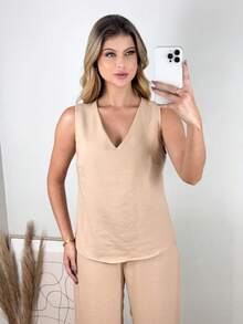 Linen V-Neck Pantaloon Set - 米色 - 查看 3