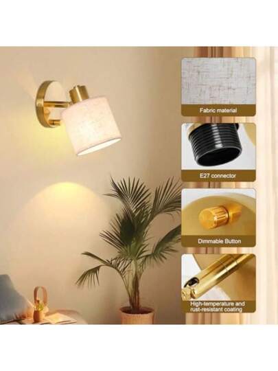 Zazumi Adjustable Indoor Wand Verlichting Switch, Goud Beige Linen Lampshade, E27 Rotating Bedside Light, Bedroom Living Room view 2