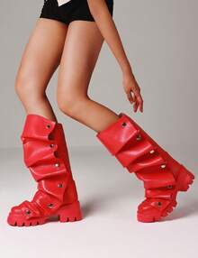 Women Mid Calf Boots Platform Heels Ruch Boots Knee High Fold Over Chunky Heel Short Booties Round Toe Wide Calf Pull-On Shark Boots Daily Party Y2K Dress Boots For Woman - Đỏ - Xem 6