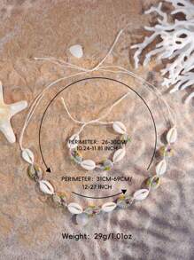 Conjunto de 2 peças de pulseira e colar de argila macia com conchas e flores, estilo boêmio, com estampa de rosa, margarida, estrela, leopardo e arco-íris, joias de praia estilo oceano