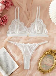 1 Set Women's Sexy Lace Patchwork Solid Color Cami Bra And Panty Underwear Set