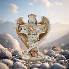 Angel Wing Embracing Cross Statue Cemetery Decorations Memorial Decor For Beloved One - Ivory - View 3