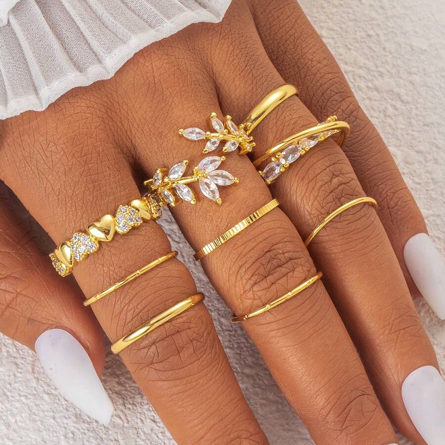 9pcs Set Chic & Elegant Copper Electroplate 18K Gold Plated Cubic Zirconia Heart Leaf & Geometric Stacking Rings, Knuckle Rings & Midi Rings For Women, Great Gift - Yellow Gold - View 1