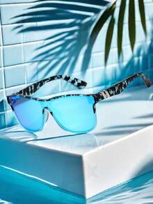 POLASUP 1 件女士流线型太阳镜带纽扣配件，饰有金属双条，夏季个性化彩色涂层五角星框架超大流线型太阳镜，适合户外骑行，渐变反光镜，时尚眼镜（带防丢带、眼镜盒和清洁布），防风防眩光骑行装备