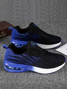 1 Pair Men's Gradient Knit Lace-Up Cushioned Athletic Sneakers, Comfortable Breathable Shock-Absorbing Outdoor Running Shoes, Suitable For Outdoor Sports, Jogging, Fitness And Walking - Blue - View 1