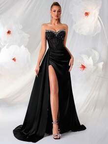 ADYCE Women's Elegant Neckline, Manicure Rhinestone Hollow High Waist Long Satin Strap Backless Slit Slip Dress, Suitable For Ball, Birthday Party, Banquet, Homecoming, Wedding Guest, Formal Dinner, Family Gathering, New Year And Other Party Occasions Spring Black - Black - View 1