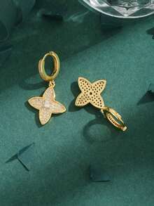 1 对奢华欧美方晶锆石铜 18K 镀金星光四叶草吊坠耳环，女士日常佩戴礼物 - 金黃色 - 查看 2