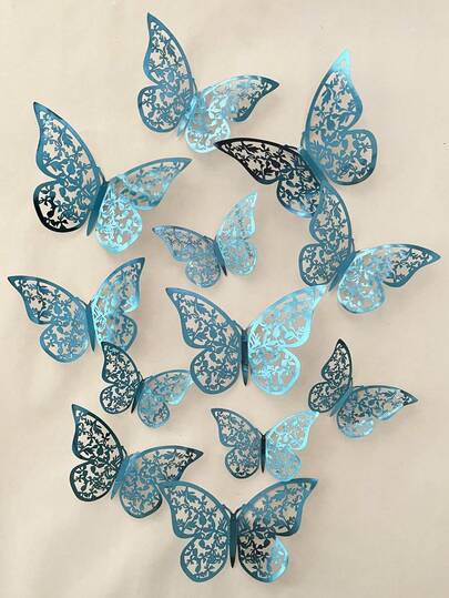 1 Pack (12pcs) / 4 Packs (48pcs) Hollow Decorative Butterflies, Holographic Reflective Butterfly Stickers, 3D Butterfly Wall Decor, Realistic Prop Iridescent Blue Butterfly