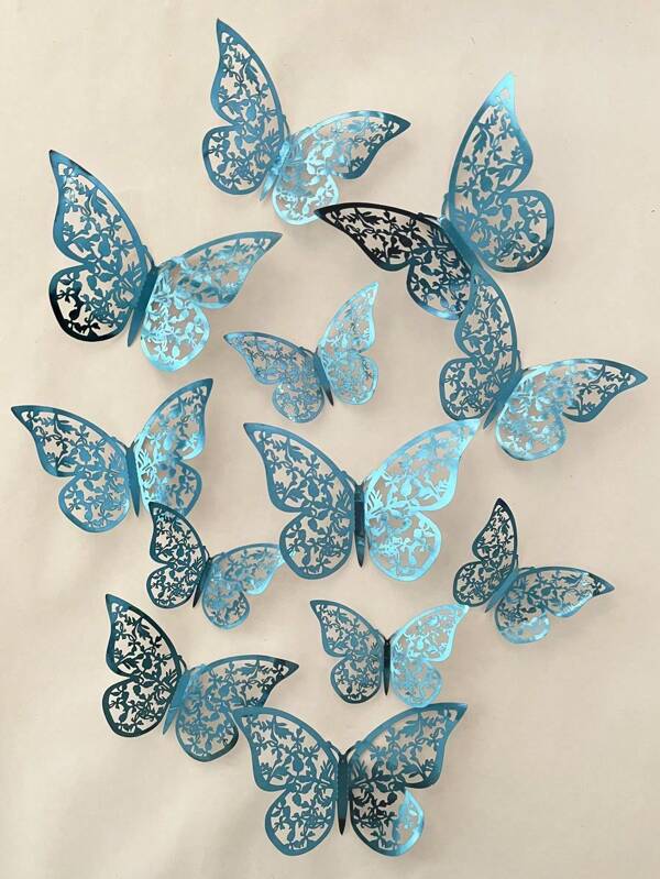 1 Pack (12pcs) Hollow Decorative Iridescent Reflective Butterfly Stickers, 3D Butterfly Decor, Wall Decals, Realistic Prop, Vibrant Blue Dimensional Butterfly Wall Art Bedroom Decor Home Decor Living Room Wall Paper Wall Stickers Party Decorations Living Room Decor Bedroom Office Decor Home Decor Items Personalised Stickers