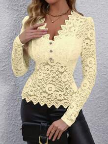 Women's Elegant Lace Heart Button Decor V-Neck Long Sleeve T-Shirt, Sexy For Vacation, Honeymoon, Birthday Party, Spring/Summer - Yellow - View 7