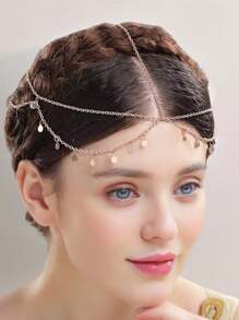 1pc Vintage Metal Wavy Disc Headband, Minimalist Metallic Glitter Multi-Layer Tassel Hair Accessories