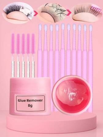 Kit removedor de extensiones de pestañas 8ml-24ml Removedor de pestañas con fragancia de rosa Removedor de pestañas con parches para ojos, hisopos y brochas Disuelve rápidamente el adhesivo de pestañas y el pegamento de pestañas sin irritación