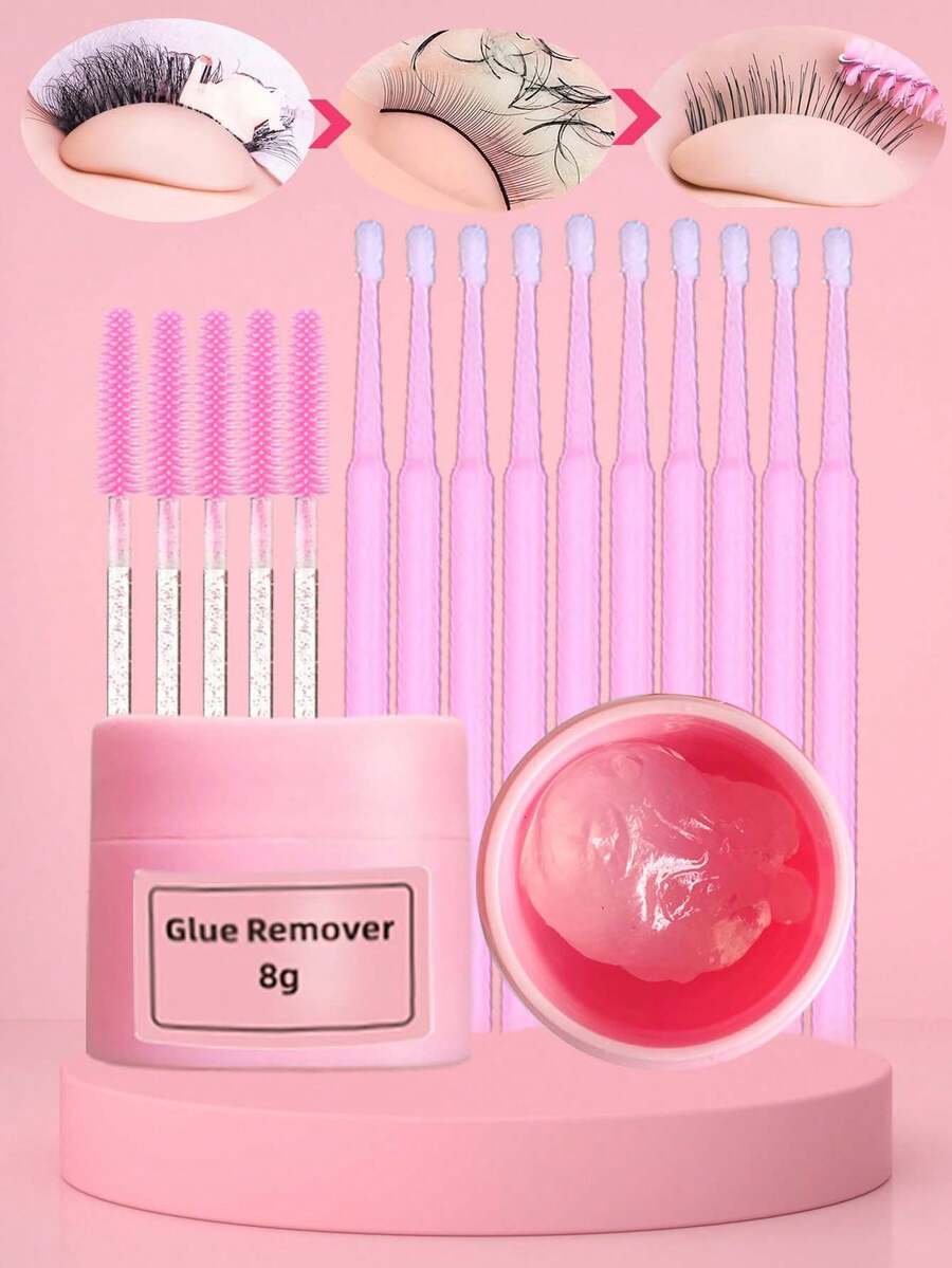 睫毛延长卸妆套装 8ml-24ml 香氛睫毛卸妆液 适用于睫毛延长 玫瑰香味睫毛卸妆液 带眼罩 微型棉签刷 无刺激 快速溶解睫毛粘合剂 睫毛胶水 - 彩色 - 查看 1