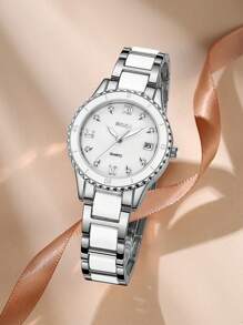 BIDEN 1 peça pequeno relógio redondo retrô luxuoso feminino, elegante relógio de quartzo com pulseira, design clássico relógio feminino com data