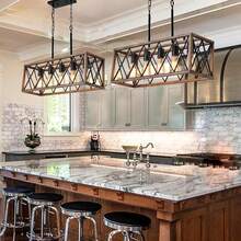 5-Light Farmhouse Linear Light Fixture Black Chandelier, Vintage Wood Kitchen Island Light Fixtures,  Table Pendant Lighting For Dining Room, Kitchen,Living Room - 黑色 - 查看 2
