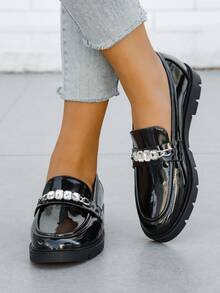 Women's Preppy Style Rhinestone Embellished Thick Sole Slip-On Loafers For Outdoor And Office Wear - Black - View 1