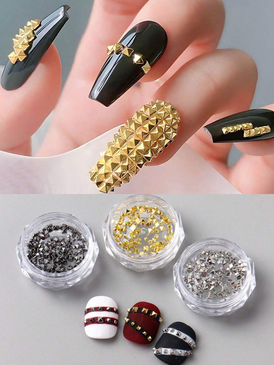 金属美甲钉艺术 - 朋克美甲钉饰品 - 3D 哥特式美甲饰钉，锥形钉美甲饰钉，银色和金色锥形尖钉美甲小棒，中号 - 彩色 - 查看 1