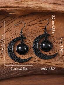 1 对哥特式黑色蝙蝠和新月形镂空吊坠耳环，优雅新月耳坠女士珠宝礼物 - 黑色 - 查看 9