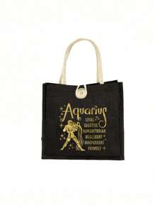 Geantă tote cu model de constelație aurie și geantă mică cu model de constelație, geantă tote neagră din in