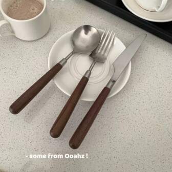3pcs Stainless Steel Knife, Fork And Spoon Tableware Set, Faux Wood Grain Design, For Home, Hotel, Western Dining, Steak Knife And Fork, Dessert Spoon,School Supplies