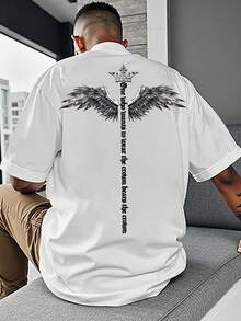 Herren Minimalistisches T-Shirt mit Engelsflügel-Krone Motiv, Rundhalsausschnitt, Kurzarm, Weiß, Sommer - Weiss - Übersicht 1