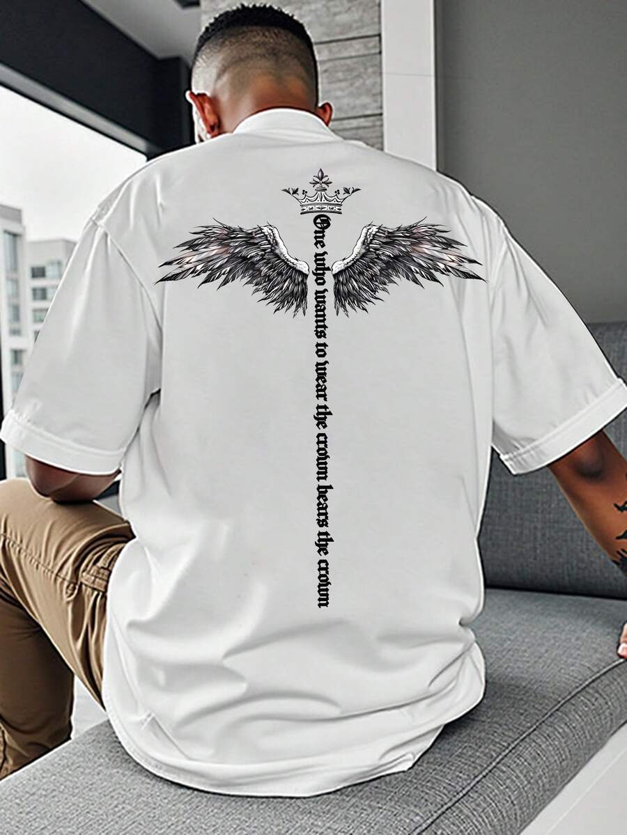 Herren Minimalistisches T-Shirt mit Engelsflügel-Krone Motiv, Rundhalsausschnitt, Kurzarm, Weiß, Sommer - Weiss - Übersicht 1