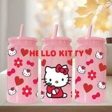 Sanrio 1 pieza Botella de agua de plástico rosa de 16 oz con estampado de Hello Kitty de Sanrio, adecuado para café, bebidas, cerveza, leche, jugo, un gran regalo de hidratación de verano para ella (con pajita reutilizable)