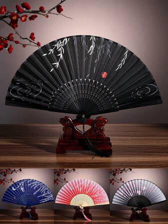 1 件 9 英寸复古中国风折叠手扇，亚麻布，龙骨图案，适合展示、跳舞、送礼