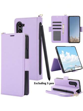 AWQUER Estuche de piel sintética de PU compatible con Galaxy Z Fold 6, 5, 4, 3 con ranuras para tarjetas, bloqueo RFID y soporte para S Pen, compatible con Galaxy ZFold6, ZFold5, ZFold4, ZFold3 con correa de muñeca y bolso para teléfono móvil