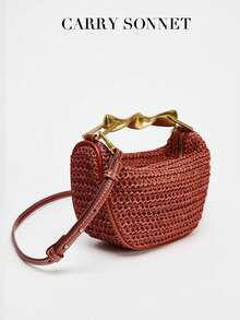 1pc Woven Bag, New Summer Design, Women Mini Zipper Woven Crossbody Bag, Straw Small Casual Tote Bag With Metal Handle, Perfect Accessory For Women Beach, Vacation, Holiday - Orange - View 2
