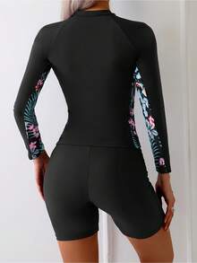New Fashion European And American Style Sports Zipper Printed One-Piece Swimsuit, One-Piece Tummy Control Slimming High-End Swimsuit For Women - màu đen - Xem 3
