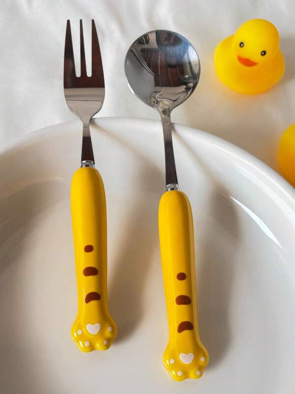 2pcs Stainless Steel Cartoon Ceramic Handle Cat Paw Cutlery, Ceramic Handle Tableware, With Colorful Ceramic Handle - Cute Cat Paw Design Spoon, Fork Portable Utensils Suitable For Outdoor, Party, Picnic, Home Use