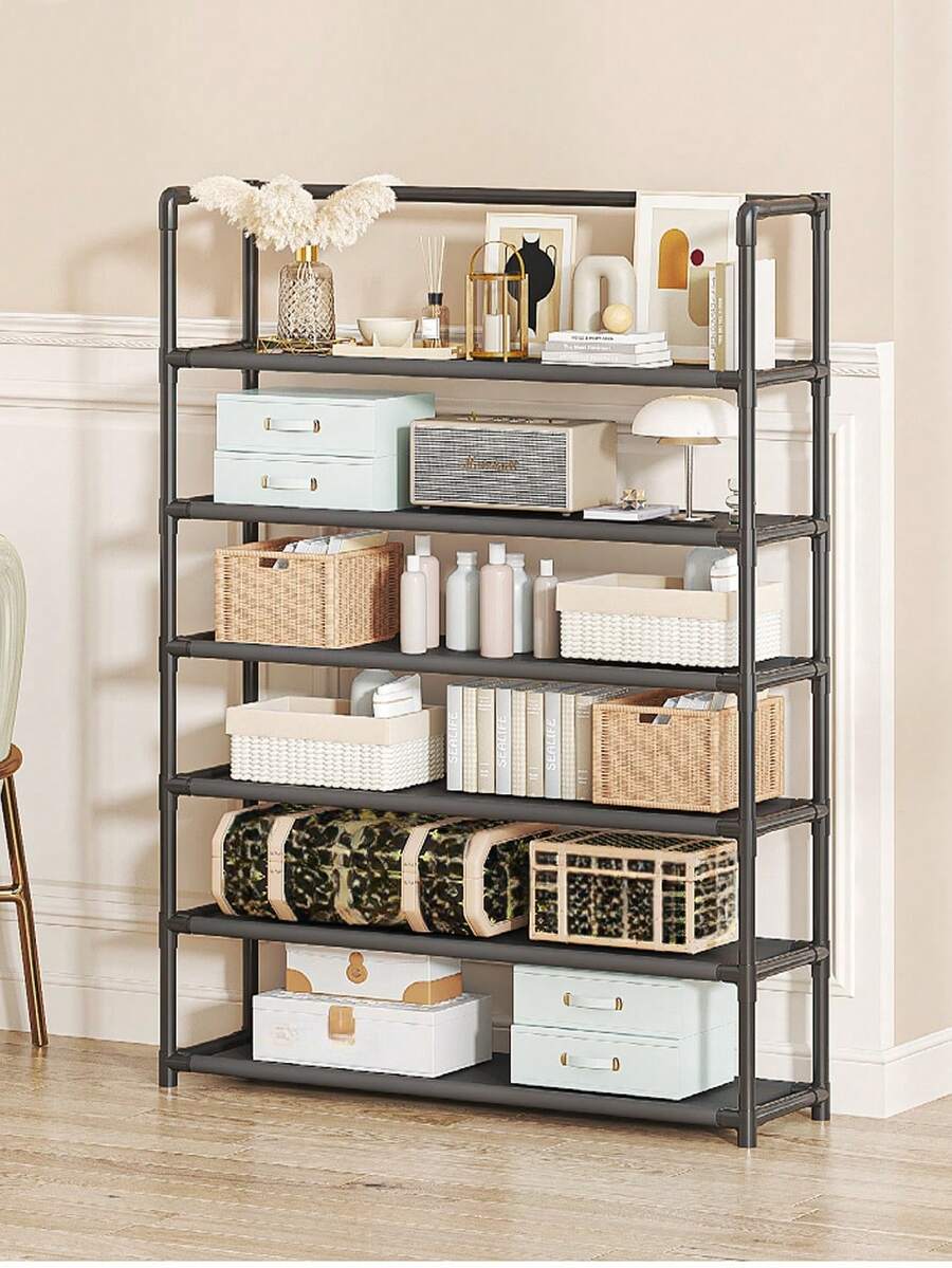 1pc Black Metal Shoe Rack With Handrail, Space Saving, Minimalist Anti-Dust Design, Sturdy, Fashionable, Easy Assemble/Disassemble, Portable, Suitable For Living Room, Bedroom, Entryway, Office, Home, Multi-Layer Storage, Holiday Gift, Children Gift