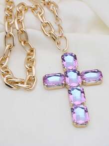 Retro Oversized Pearl Necklace With Big Glass Cross Pendant, Fashion Jewelry For Women, Christmas Gift